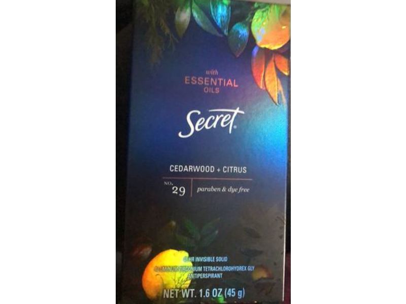 Secret Antiperspirant With Essential Oils, Cedarwood + Citrus, 1.6 oz/45 g