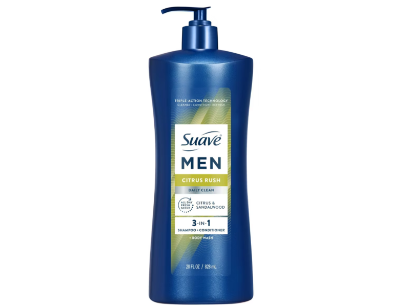 Suave Men Daily Clean Citrus Rush 3-In-1 Shampoo + Conditioner + Body Wash, Citrus & Sandalwood, 28 fl oz/828 mL