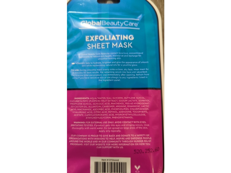 Global Beauty Care Exfoliating Sheet Mask, Pumpkin & AHA's, 0.80 oz/25 mL