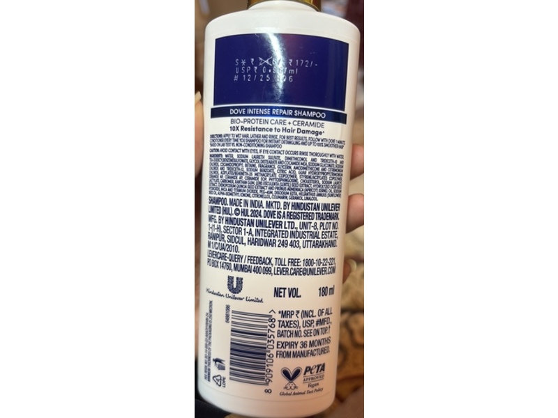 Dove Intense Repair Bio-Protein Care Shampoo, Ceramide, 180 mL