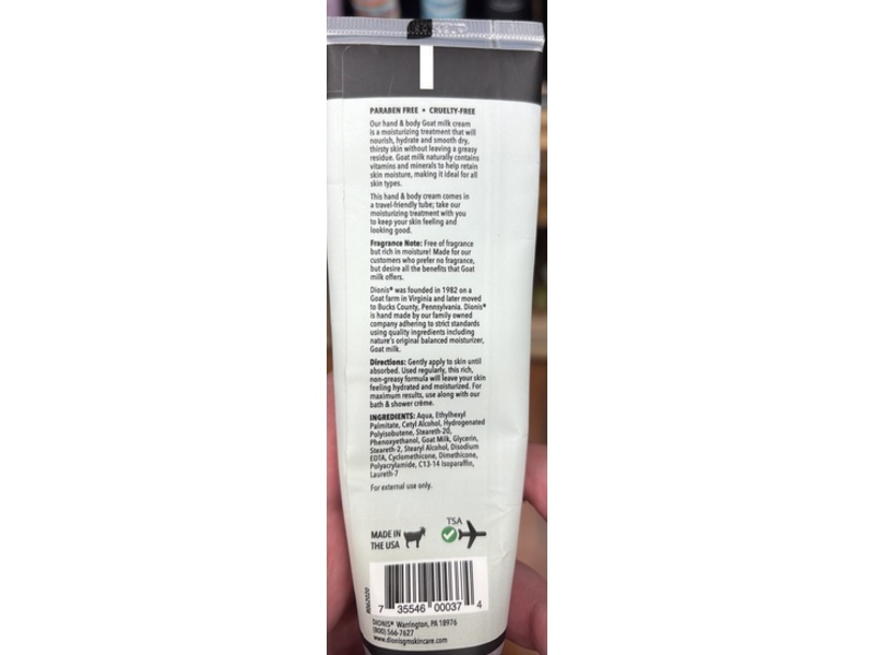 Dionis Hand & Body Goat Milk Cream 2 In 1 Moisturizing Treatment, Unscented, 3.3 oz / 93 g