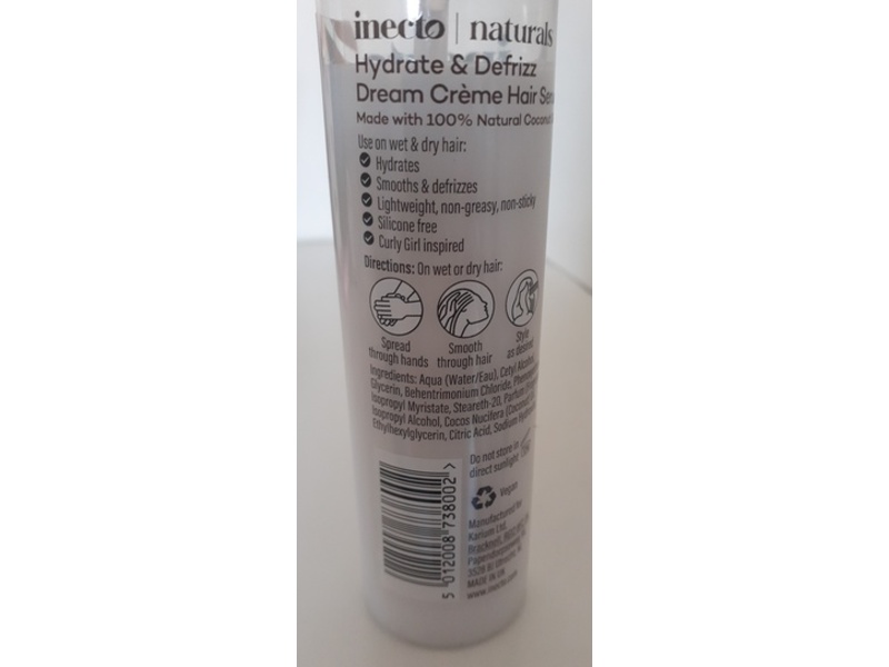 Inecto Naturals Hydrate & Defrizz Dream Cream Hair Serum, Natural Coconut Oil, 3.3 fl oz/100 mL