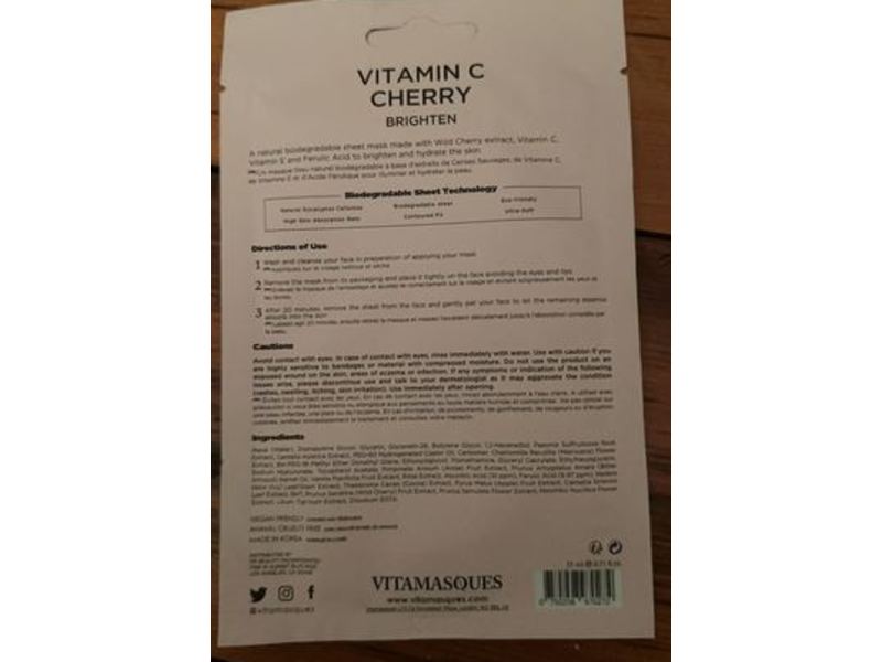 Vitamasques Natural & Biodegradable Sheet Mask, Vitamin C Cherry, 0.71 fl oz/21 mL