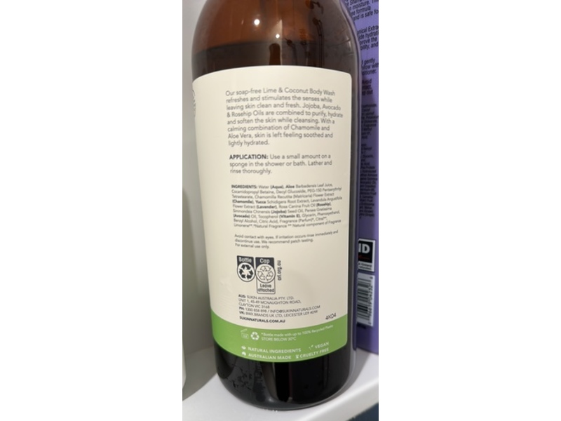 Sukin Natural Botanical Body Wash, Lime & Coconut, 33.82 fl oz/1 L