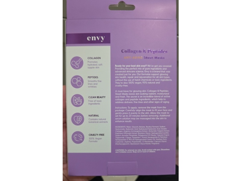 Envy Anti-Aging Sheet Face Mask, Collagen & Peptides, 3.7 oz/105 g, 5 Count