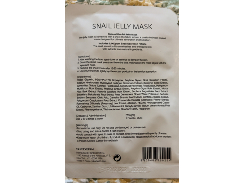 Skederm Snail Jelly Mask, 25 mL, Pack Of 10