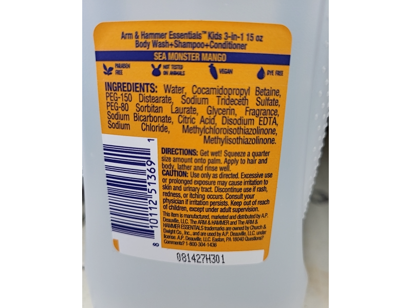 Arm & Hammer Kids 3 In 1 Body Wash + Shampoo + Conditioner, Sea Monster Mango, 15 fl oz/443.6 mL
