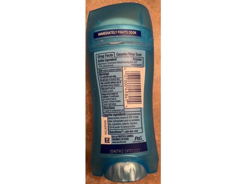 Secret Invisible Solid Antiperspirant, Cucumber Water, 2.6 oz