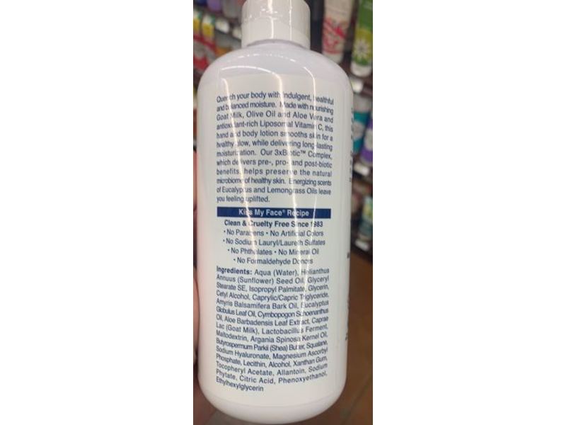 Kiss My Face Hand & Body Lotion, Goat Milk, Eucalyptus + Lemongrass, 16 fl oz/473 mL