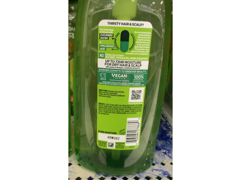 Garnier Fructis Pure Moisture Hydrating Shampoo, Hyaluronic Acid + Cucumber Water, 33.8 fl oz/1 L