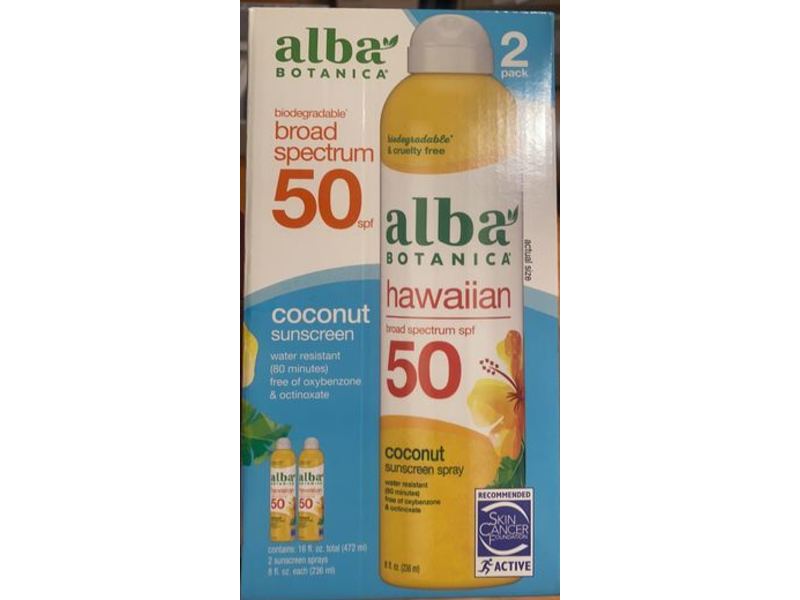 Alba Botanica Hawaiian Coconut Sunscreen, SPF 50, 8 fl oz /226 mL, 2 Count