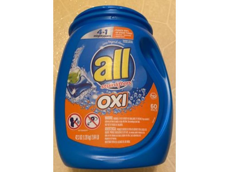 All With Stainlifters 4 In 1 Mightypacs Laundry Detergent with Oxi, 42.3 oz/1.20 kg, 60 Count