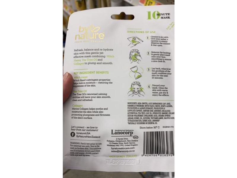 by Nature Sheet Face Mask, Witch Hazel + Tea Tree, 25 g