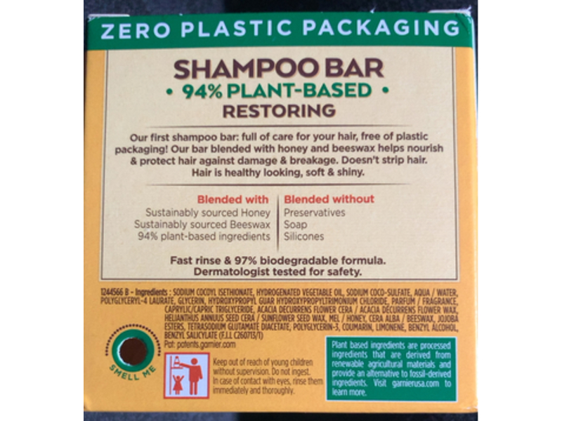 Garnier Whole Blends Shampoo Bar, Honey Treasures, 2 oz/60 g