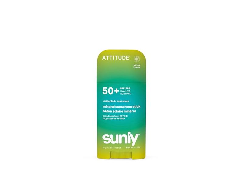 Attitude Sunly Mineral Sunscreen Stick, Unscented, SPF 50+, 2.1 oz/ 60 g