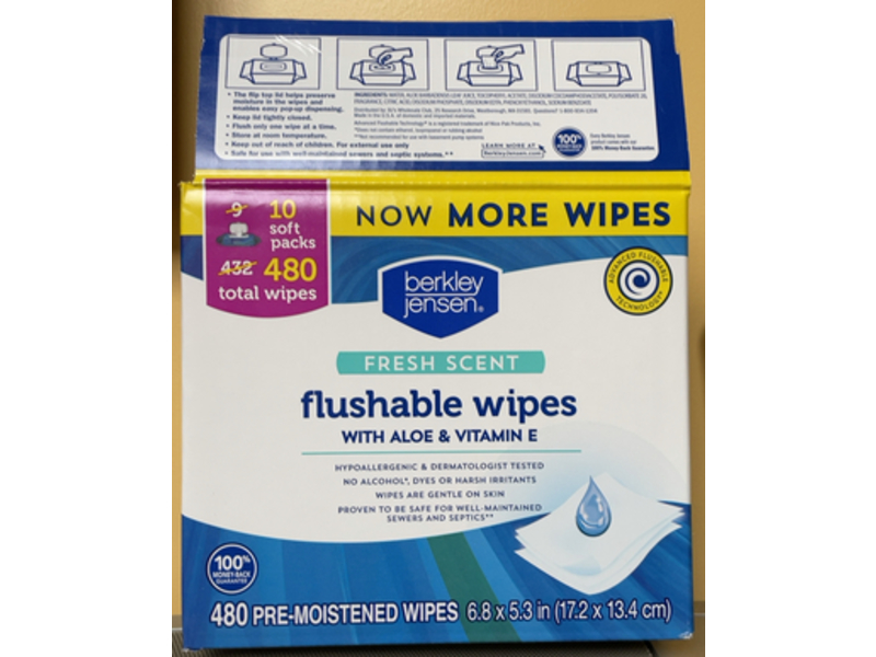 Berkley Jensen Flushable Wipes, Aloe & Vitamin E, Fresh Scent, 480 Count