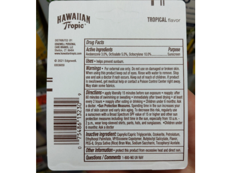 Hawaiian Tropic Lip Balm Sunscreen Stick, SPF 30, Tropical Flavor, 0.14 oz/4.25 g