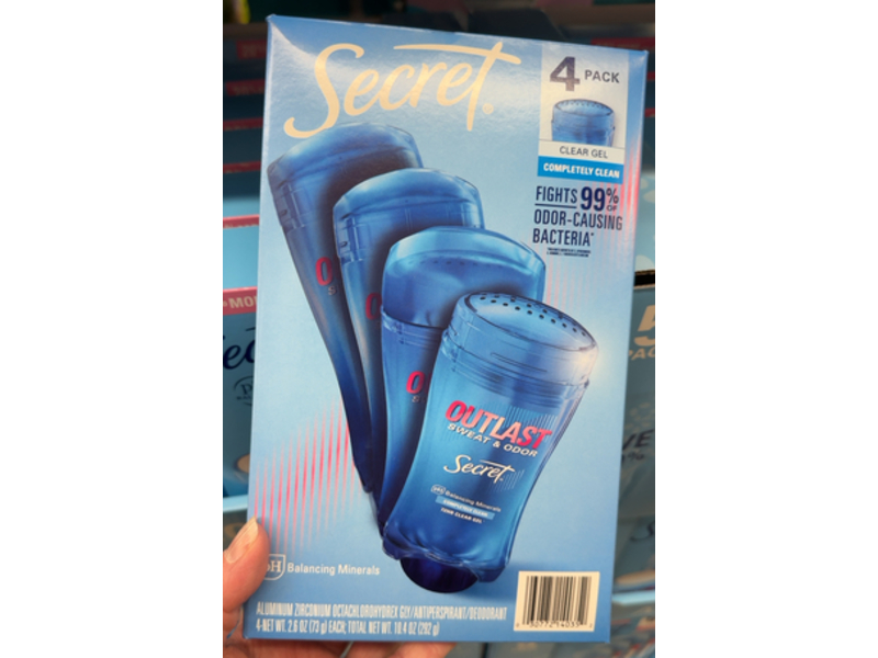 Secret Outlast Clear Gel Deodorant, Completely Clean, 2.6 oz/73 g, Pack Of 4