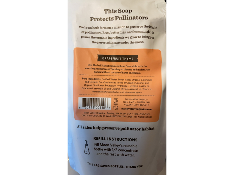 Moon Valley Organics Foaming Herbal Hand Soap, Grapefruit Thyme, 10.7 fl oz/316.4 mL