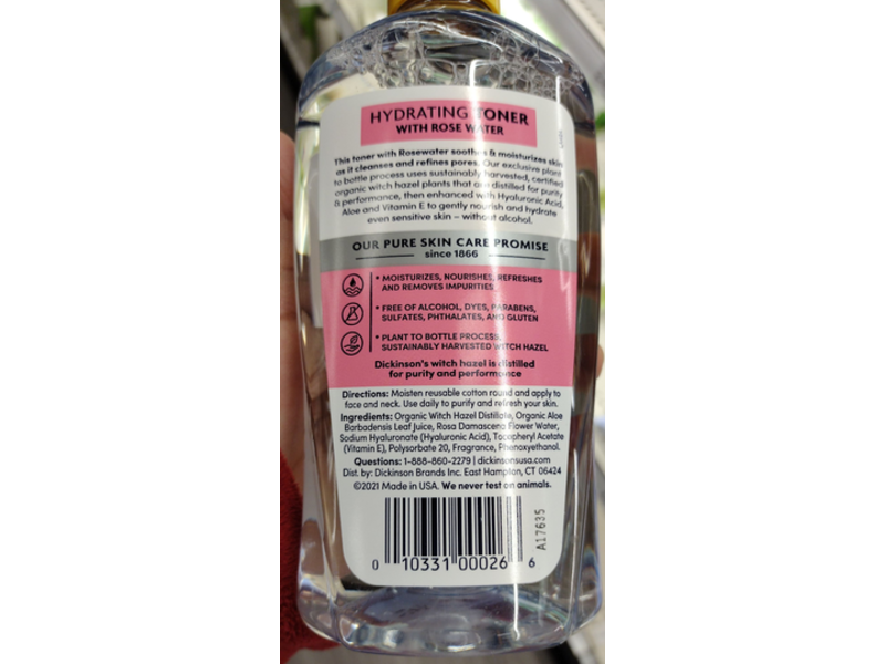 Dickinson's Original Witch Hazel Hydrating Toner, Rose Water, 16 fl oz/473 mL