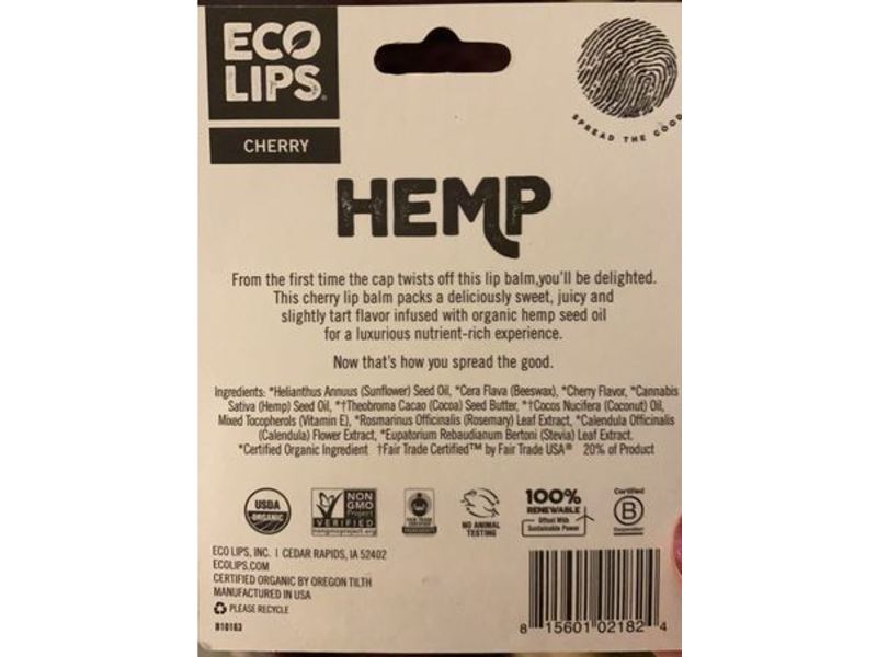Eco Lips Hemp Organic Lip Balm, Cherry, 0.15 oz/4.25 g