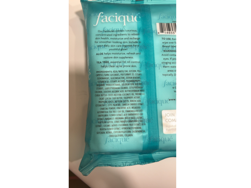 Facique Pore Refining Makeup Cleansing Wipes, Aloe Vera & Tea Tree, 30 Count