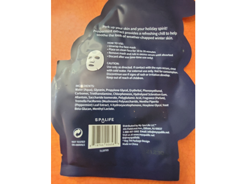 SpaLife Chill Facial Mask, Peppermint, 0.88 oz/25 g