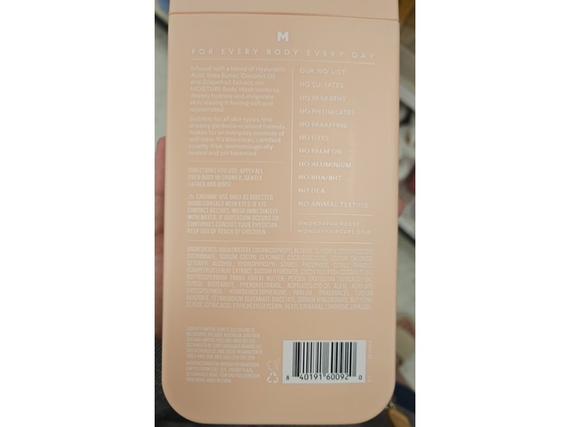 Monday Haircare Moisture Body Wash, Hyaluronic Acid, 20.2 fl oz/600 mL