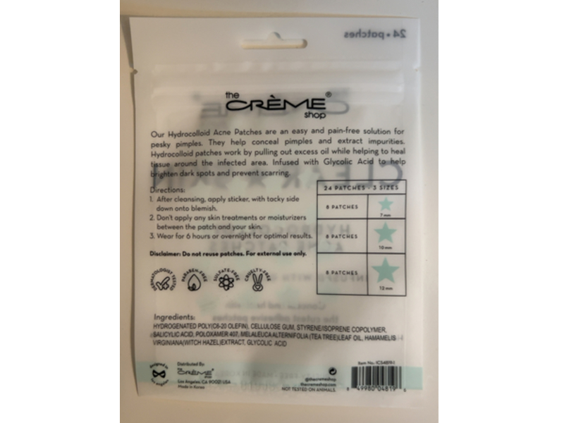 The Creme Shop Clear Skin Hydrocolloid Acne Patches, Glycolic Acid, 24 Count, Pack Of 3