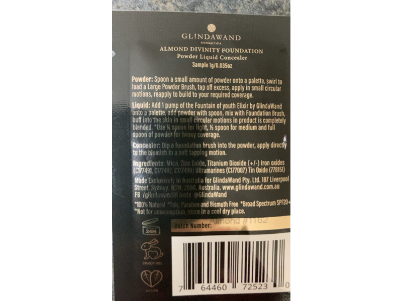 Glindawand Divinity Foundation Powder Liquid Concealer, Almond, 0.035 oz/1 g