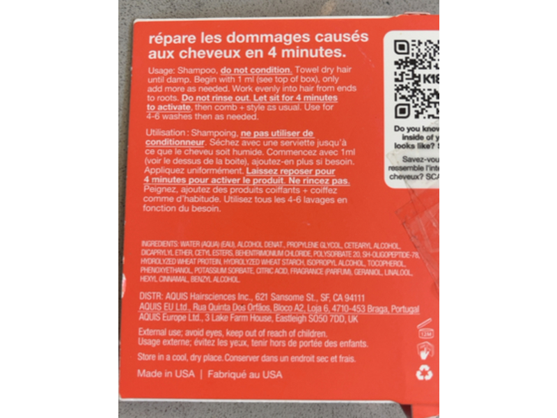 K18 Biomimetic Hairscience Leave-In Molecular Repair Hair Mask, 0.17 fl oz/5 mL