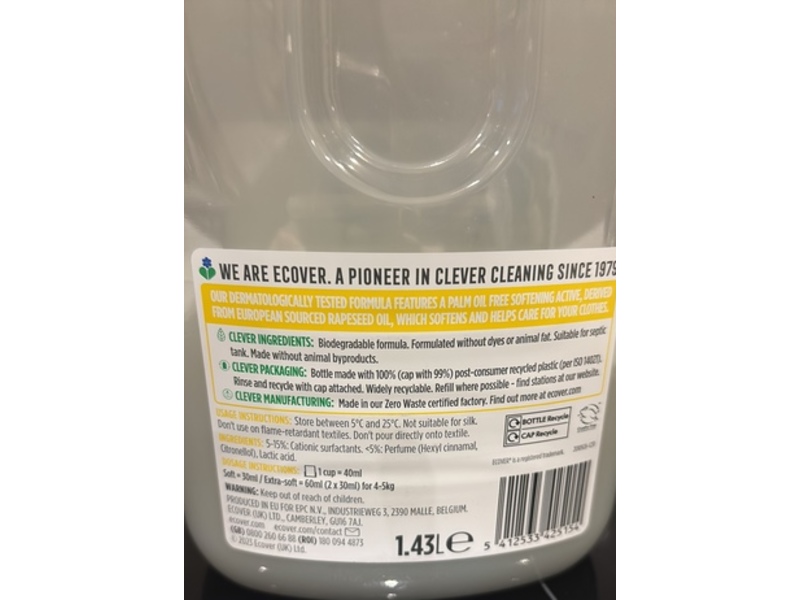 Ecover Fabric Softener, Gardenia & Vanilla, 1.43 L, 47 Loads