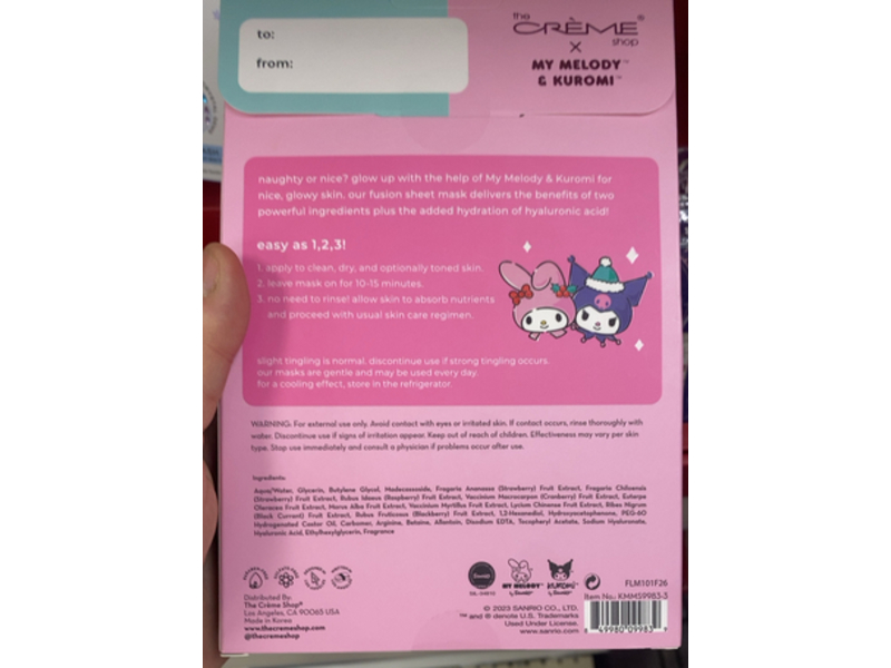 The Creme Shop x My Melody & Kuromi Fusion Essence Sheet Mask, Madecassoside & Strawberry, 2.65 oz/75 g, 3 Count