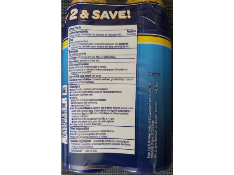 Coppertone Sunscreen Spray, Sport, SPF 50, 5.5 oz/156 g, Pack Of 2