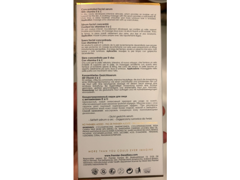 Premier Dead Sea Premier Concentrated Facial Serum, Vitamin E & C, 1.7 fl oz/50 mL