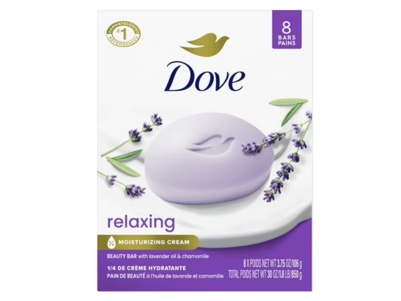 Dove Relaxing Moisturizing Cream Bar, Lavender Oil & Chamomile, 30 oz/850 g, 8 Count
