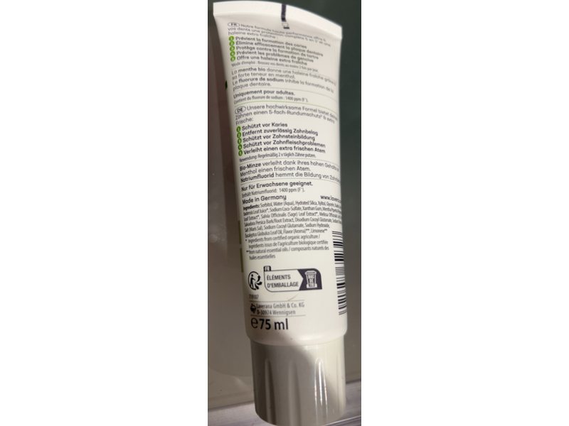 Lavera Naturkosmetik Complete Care Toothpaste, Mint & Sodium Fluoride, 75 mL