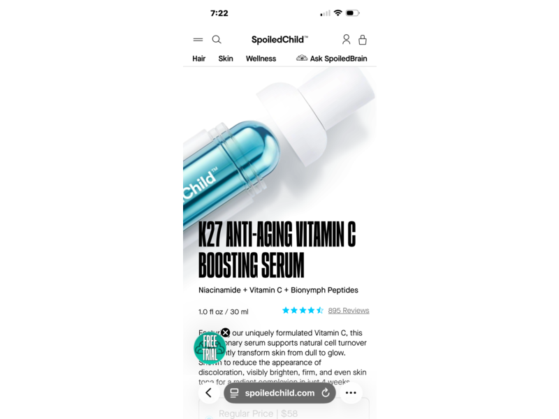 SpoiledChild K27 Anti-Aging Vitamin C Boosting Serum, Niacinamide + Vitamin C + Bionymph Peptide, 1.0 fl oz/30 mL