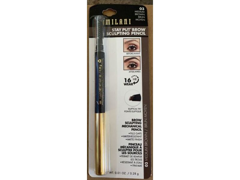Milani Stay Put Brow Sculpting Pencil, Medium Brown, 0.01 fl oz/0.28 g