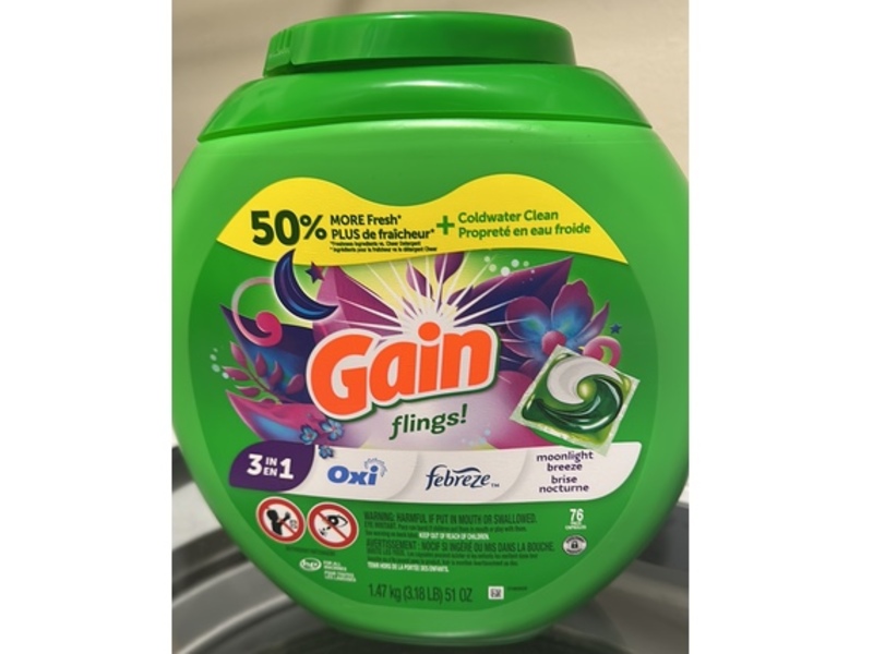 Gain Flings 3 In 1 Laundry Detergent Pacs, Moonlight Breeze Scent, 51 oz/1.47 kg, 76 Count