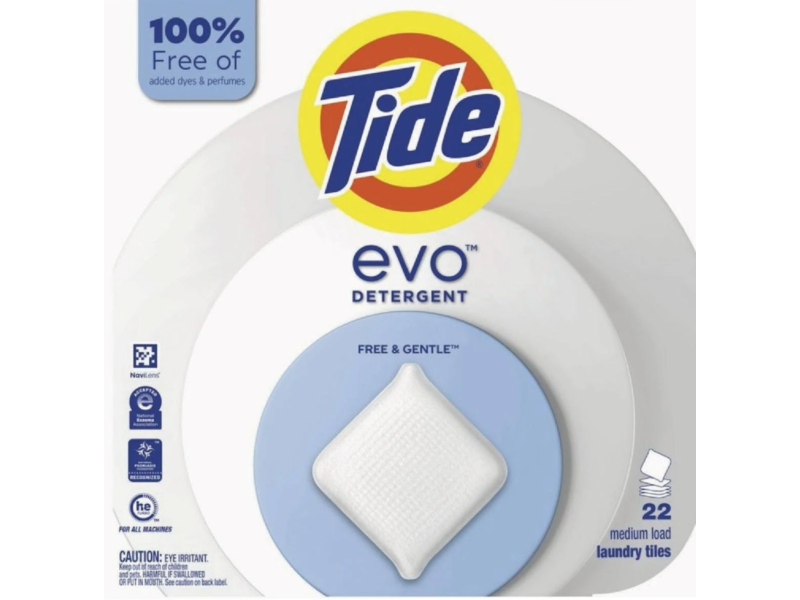 Tide Evo Detergent Laundry Tiles, Free & Gentle, 22 Loads, 22 Count
