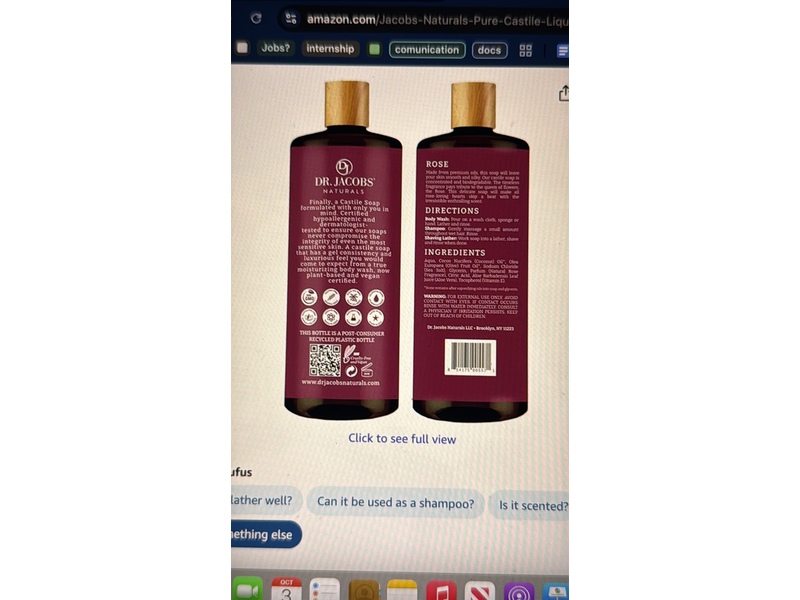 Dr. Jacobs Naturals Rich Castile Body Wash, Rejuvenating Rose, 32 oz/946 mL