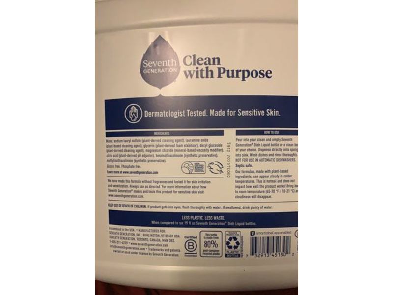 Seventh Generation Dish Liquid, Free & Clear, 128 fl oz/3.7 L