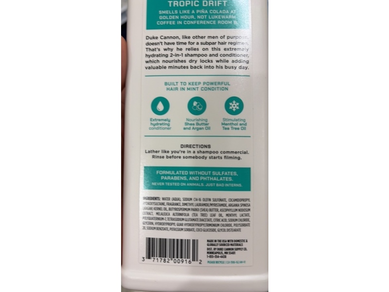 Duke Cannon Shampoo + Conditioner, Tropic Drift Coconut + Lime, 14 fl oz/414 mL