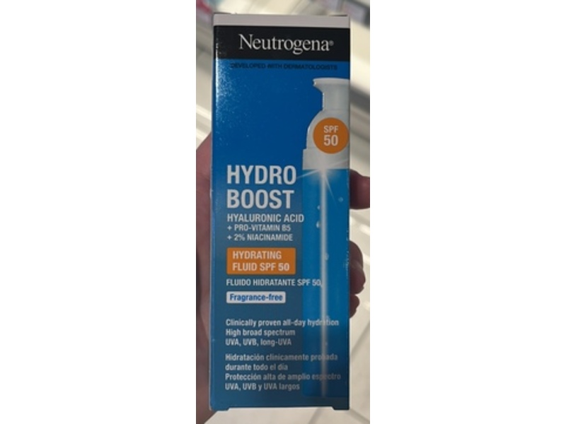 Neutrogena Hydro Boost Hydrating Fluid, Fragrance Free, SPF 50, Hyaluronic Acid + Pro-Vitamin B5 + Niacinamide, 50 mL