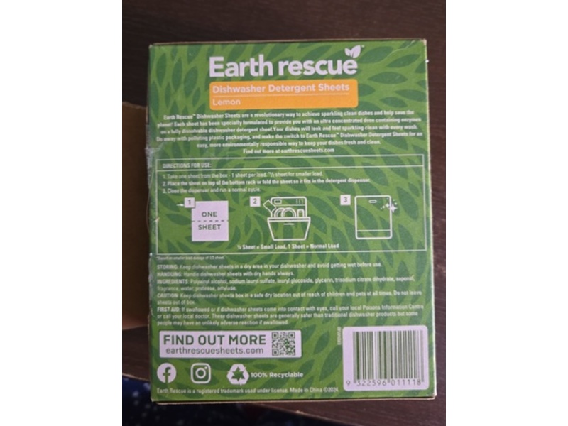 Earth Rescue Dishwasher Detergent Sheets, Lemon, 120 Count