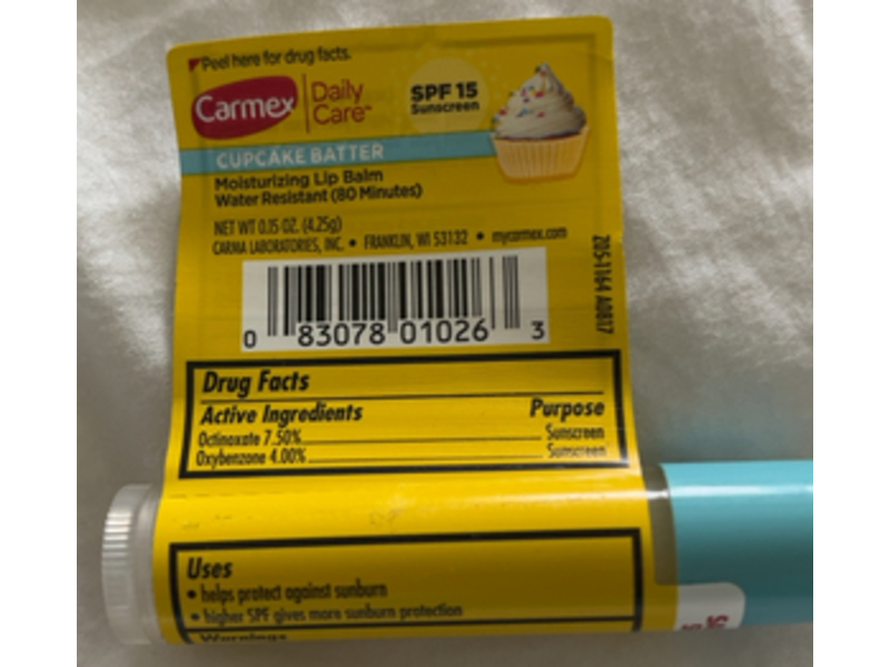 Carmex Moisturizing Lip Balm, Cupcake Batter, SPF 15, 0.15 oz/4.25 g, Pack Of 3