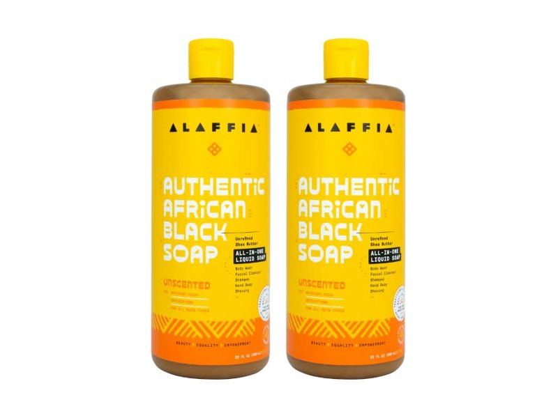 Alaffia Authentic African Black Soap, Unscented, 32 fl oz/950 mL, Pack Of 2