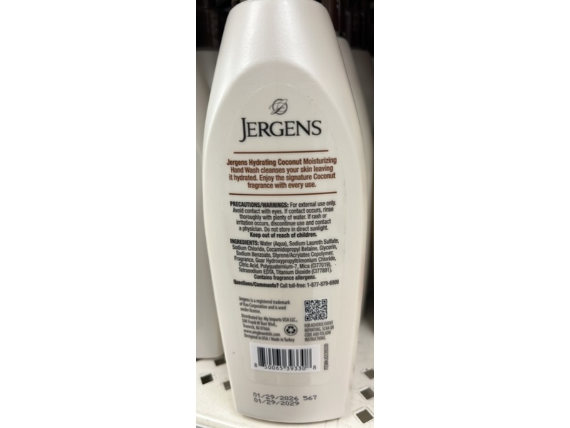 Jergens Moisturizing Hand Wash, Hydrating Coconut, 8.45 fl oz/250 mL