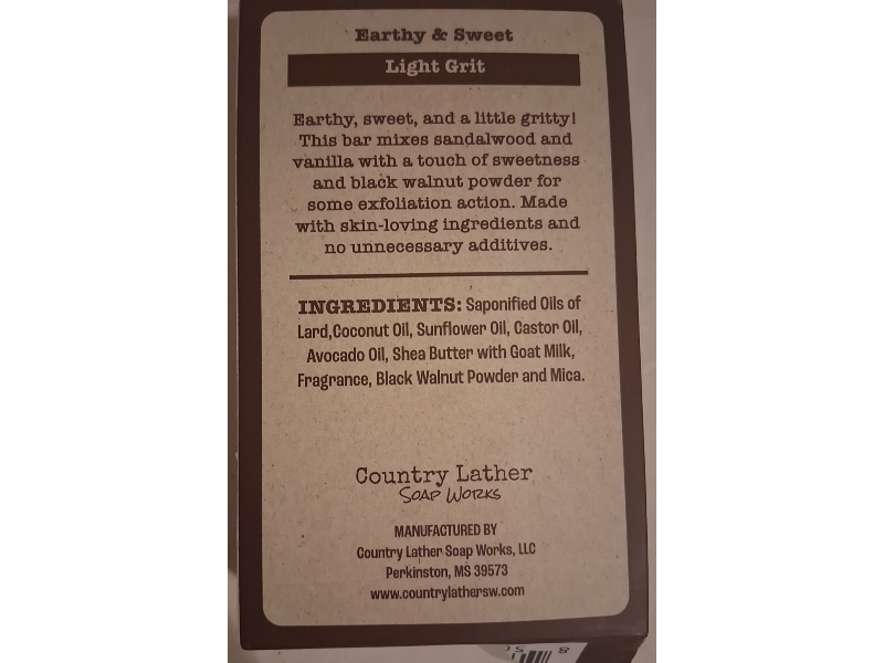 Country Lather Soap Works Natural Soap Bar, Vanilla Sandalwood, Light Grit, 5 oz/142 g